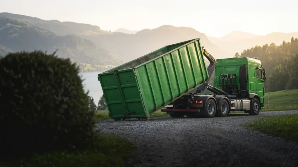 Vorwagner-Abrollkipper setzt einen grünen Container ab, See und Berge im Hintergrund