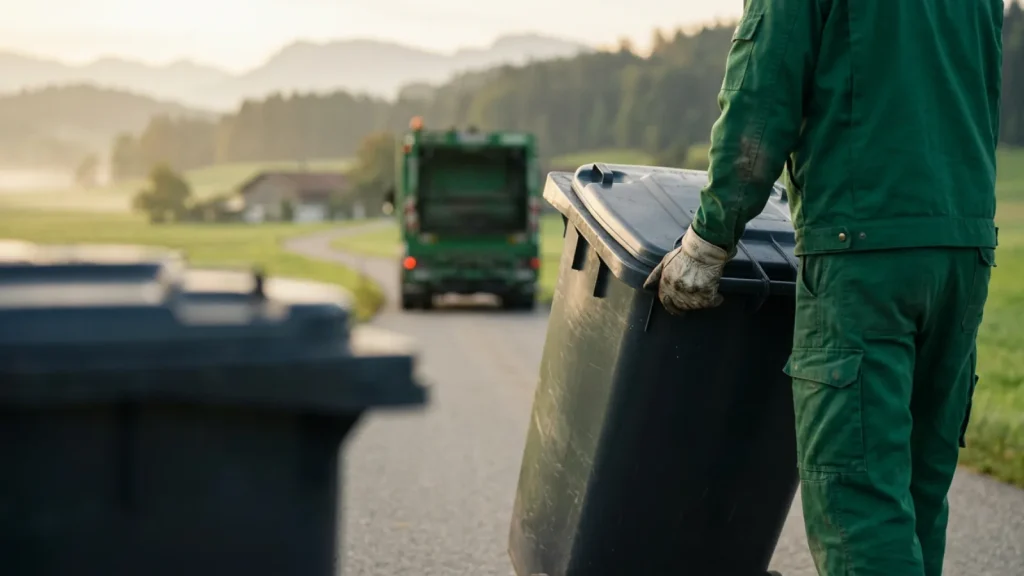 Vorwagner-Mitarbeiter bringt eine Restmülltonne zum Müllfahrzeug