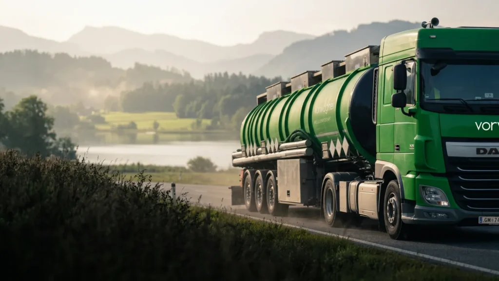 Grüner Vorwagner-Tankwagen in Fahrt auf einer Landstraße am See