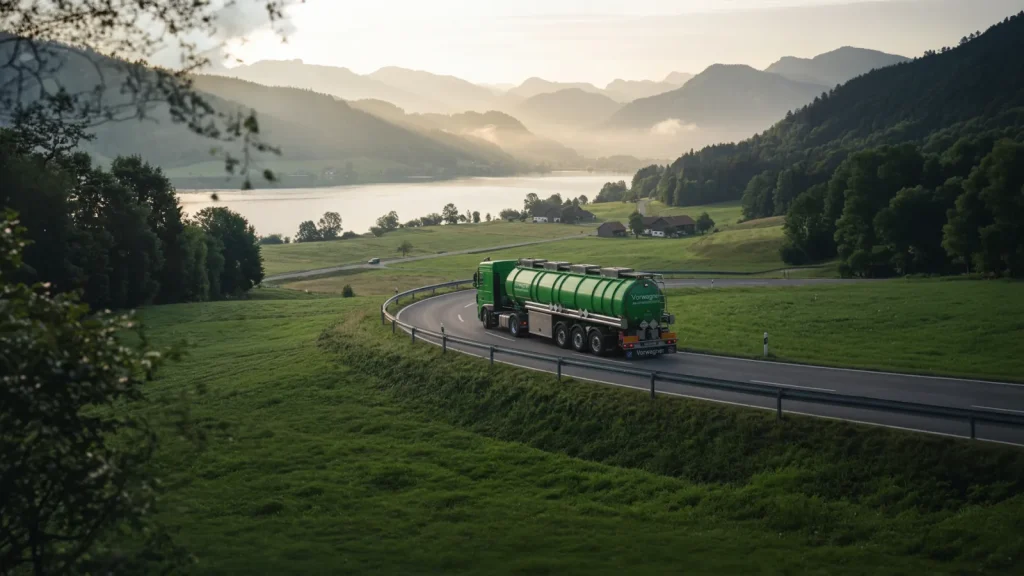 Vorwagner-Tankwagen aus der Luft auf einer Straße durch grüne Wiesen am See