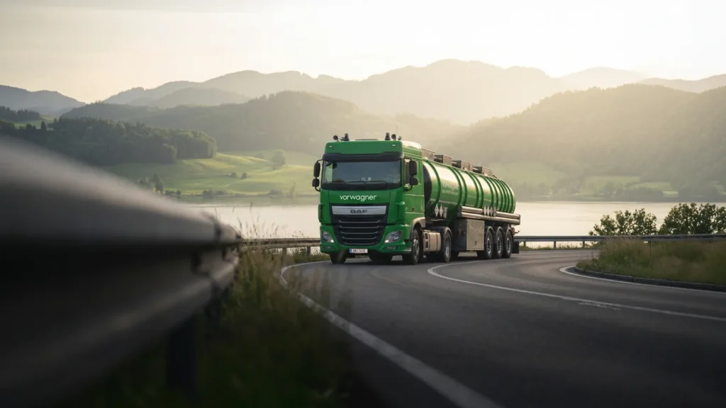 Grüner Vorwagner-Tankwagen auf kurviger Landstraße am See im Salzkammergut